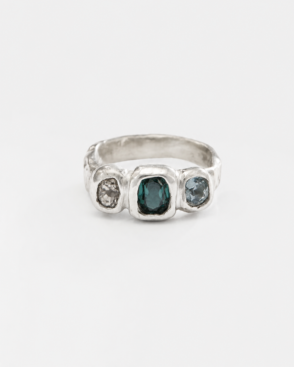 THREE STONE RING: QUARTZ, TOURMALINE & AQUAMARINE