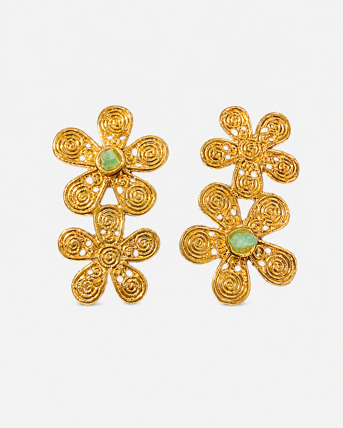AMAZON DOUBLE FLOWER EMERALD EARRINGS