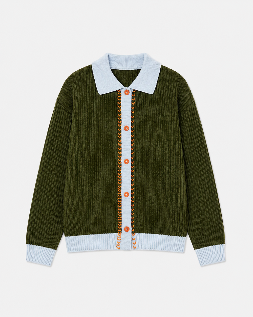 MILITARY GREEN RIB POLO CARDIGAN