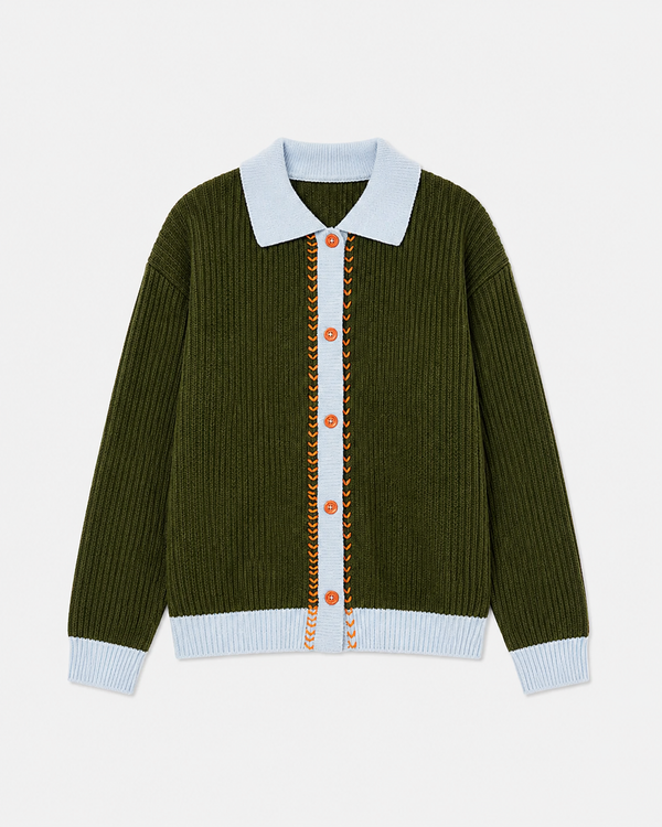 MILITARY GREEN RIB POLO CARDIGAN