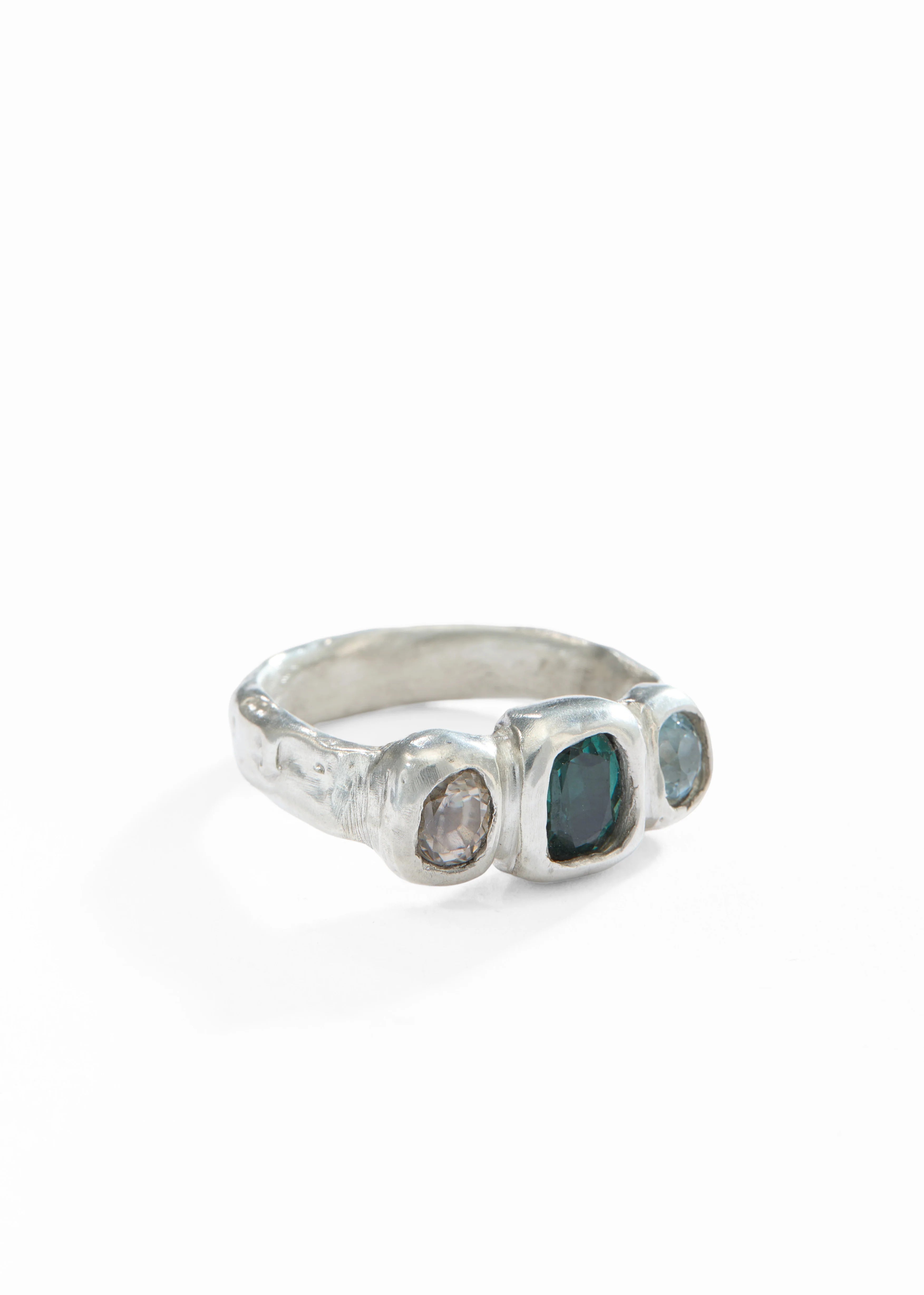 THREE STONE RING: QUARTZ, TOURMALINE & AQUAMARINE