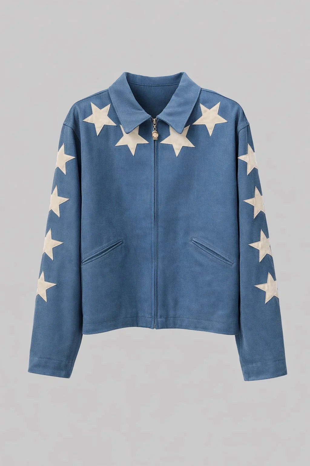 Blue zip-up jacket with white star details for men